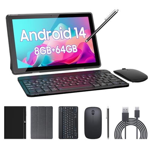 Tablet 2 in 1 Tablets 10 inch Android 14 Tablet Set with Keyboard Case Mouse Stylus Film, 8GB+64GB Tablets 10.1