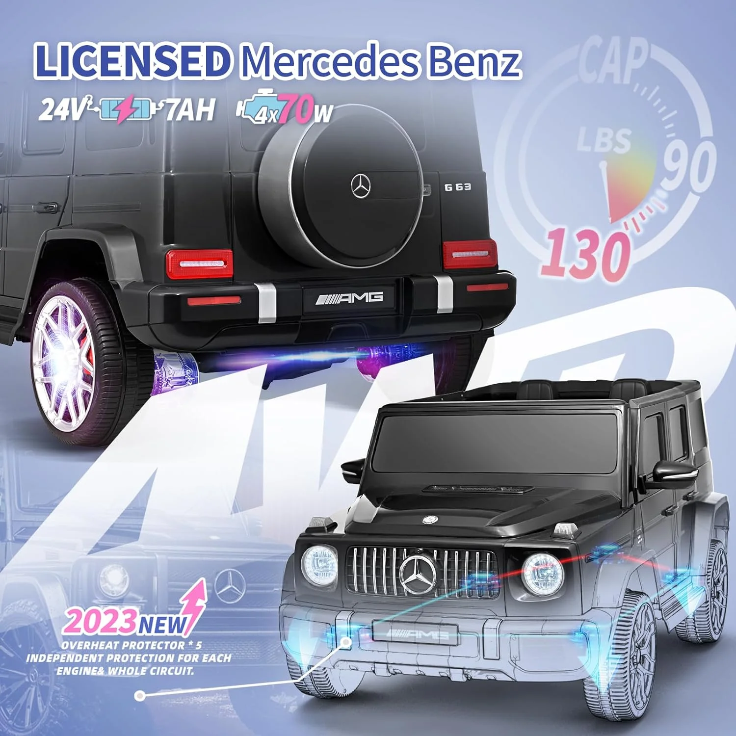 Joywhale 24V 2-Seater Kids Ride on Car Licensed Mercedes-Benz G63 4WD Electric Vehicle, with 7AH Big Battery, Remote Control, Soft Braking, 4-Wheel Suspension, LED Headlight & Music Player, Black