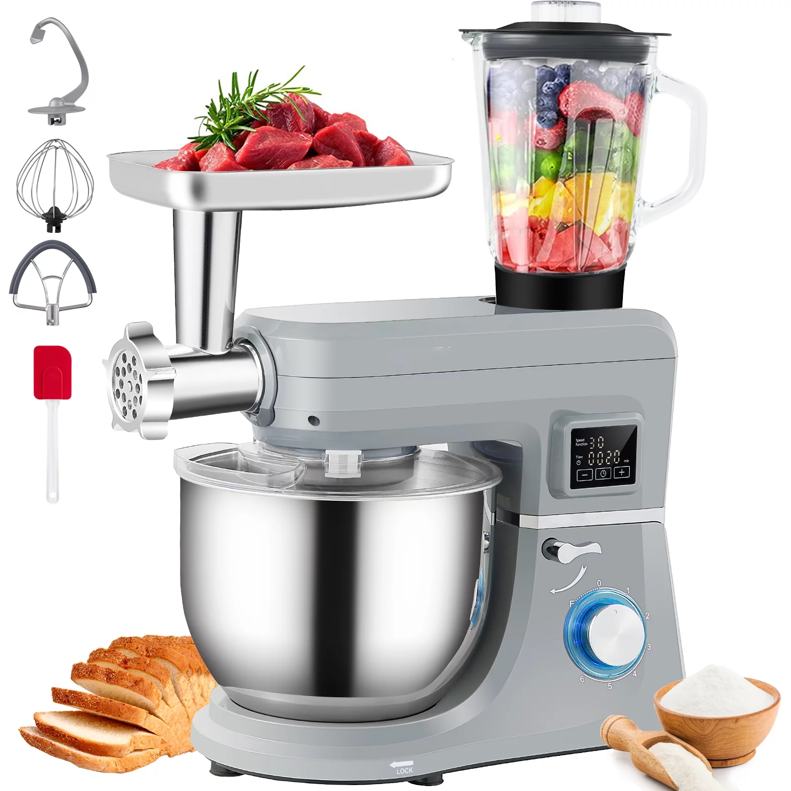 BENTISM 660W Stand Mixer 7.4Qt 6-Speed Tilt-Head Dough Mixer with Grinder Juicer