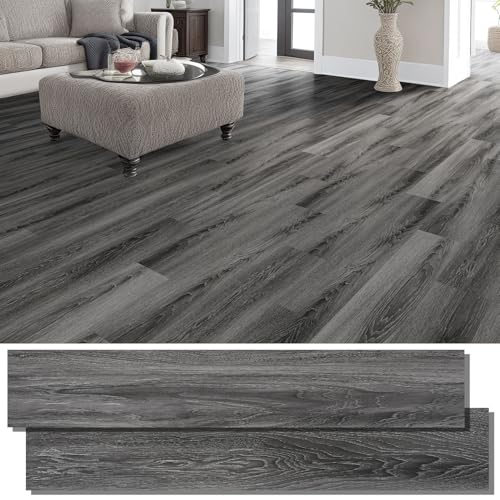 INMOZATA Peel and Stick Floor Tile Vinyl Flooring, Waterproof Vinyl Plank Flooring 36-Pack 54 Sq.Ft Wood Grain Self Adhesive Peel and Stick Flooring for Bedroom, Living Room, Kitchen, RV(Deep Gray)