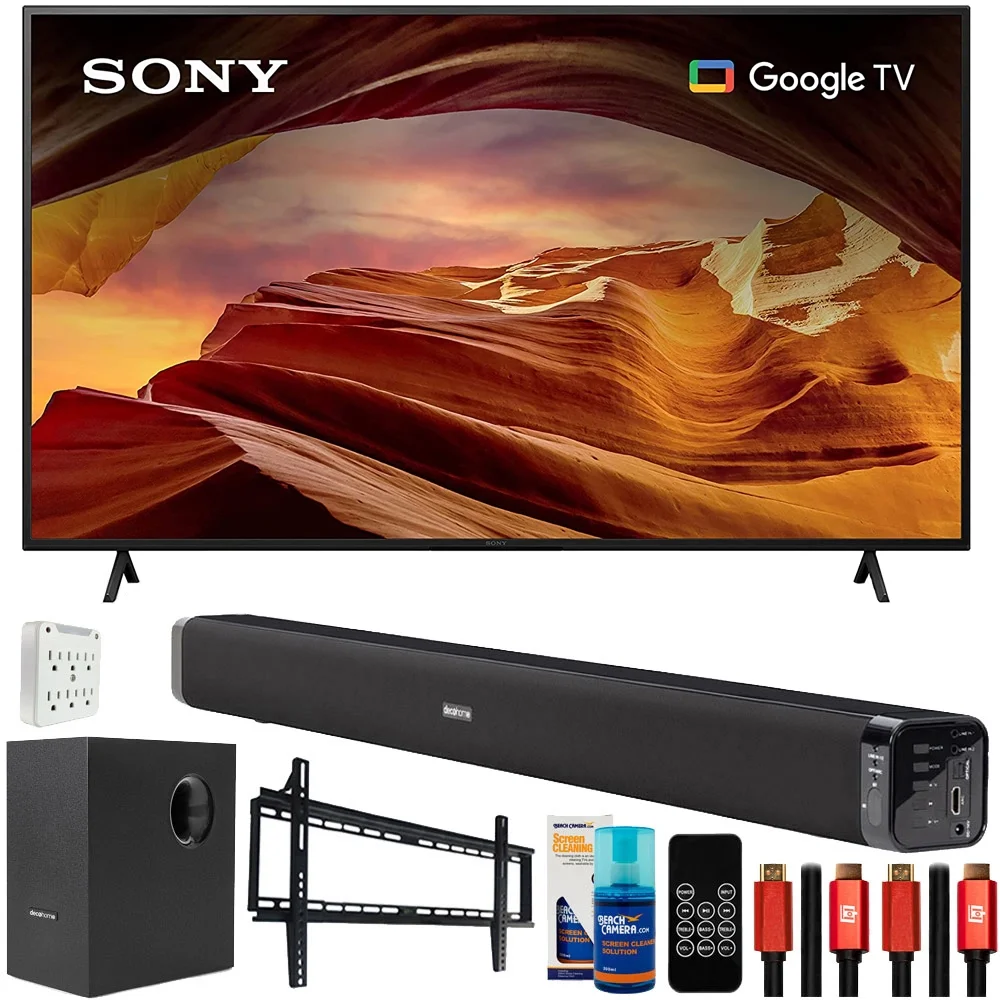 Sony KD65X77L 65 Inch 4K HDR LED Smart TV with Google TV (2023) Bundle with Deco Gear Home Theater Soundbar with Subwoofer, Wall Mount Accessory Kit, 6FT 4K HDMI 2.0 Cables and More