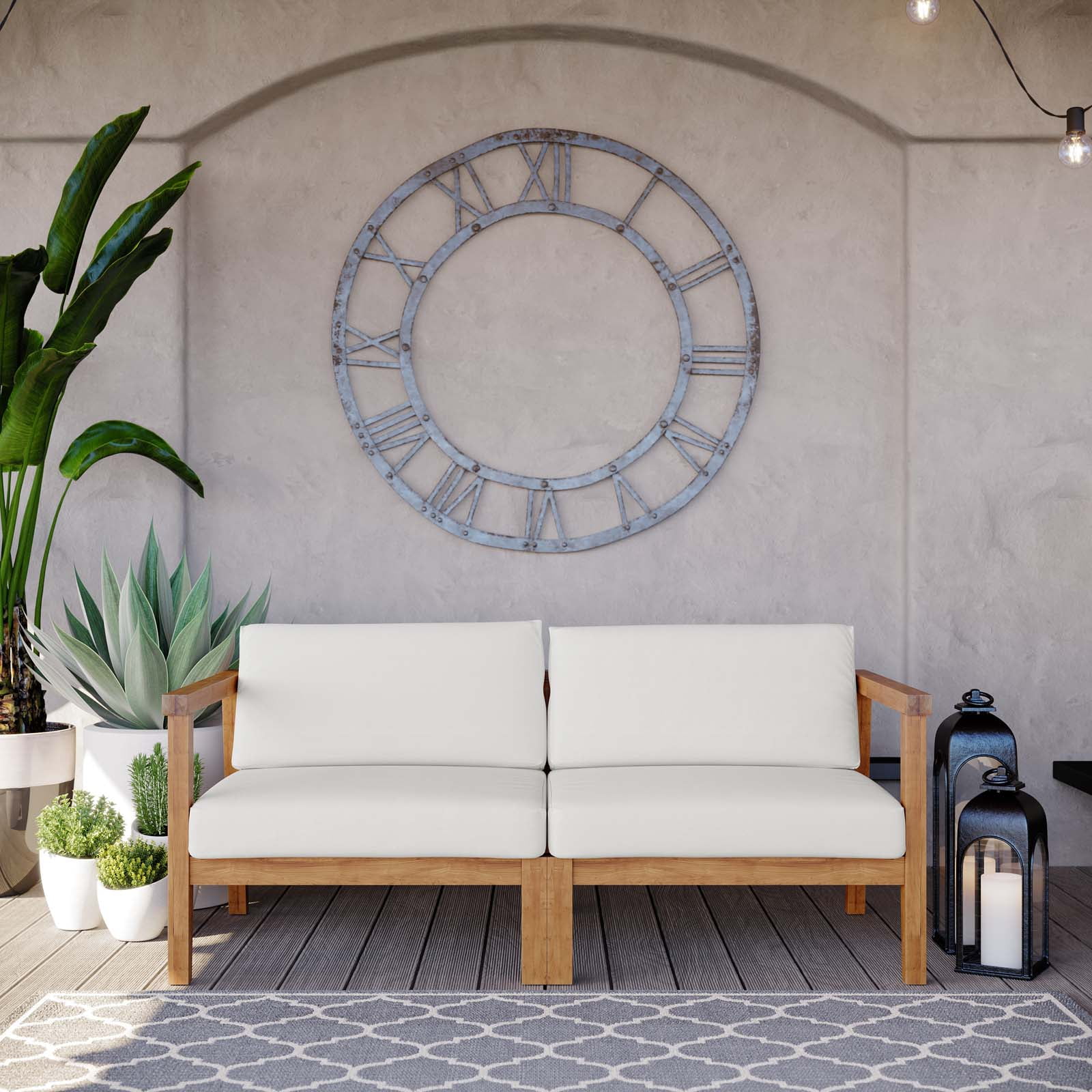 Modway Bayport Outdoor Patio Teak Wood 2-Seater Loveseat in Natural White