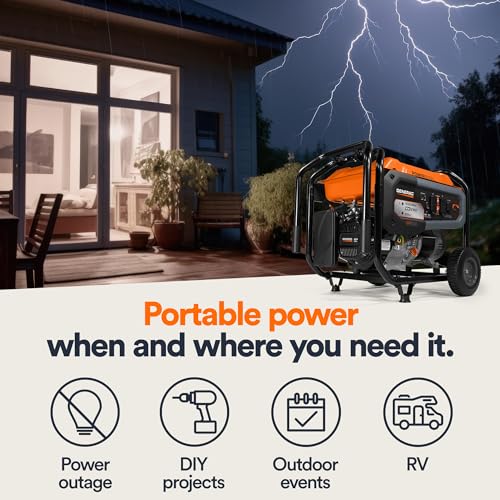 Generac 8,000-Watt Gas-Powered Portable Generator - Electric Start with COsense - PowerRush Advanced Technology - Reliable Power for Emergencies, Recreation, Home - 49 State Compliant - Orange/Black