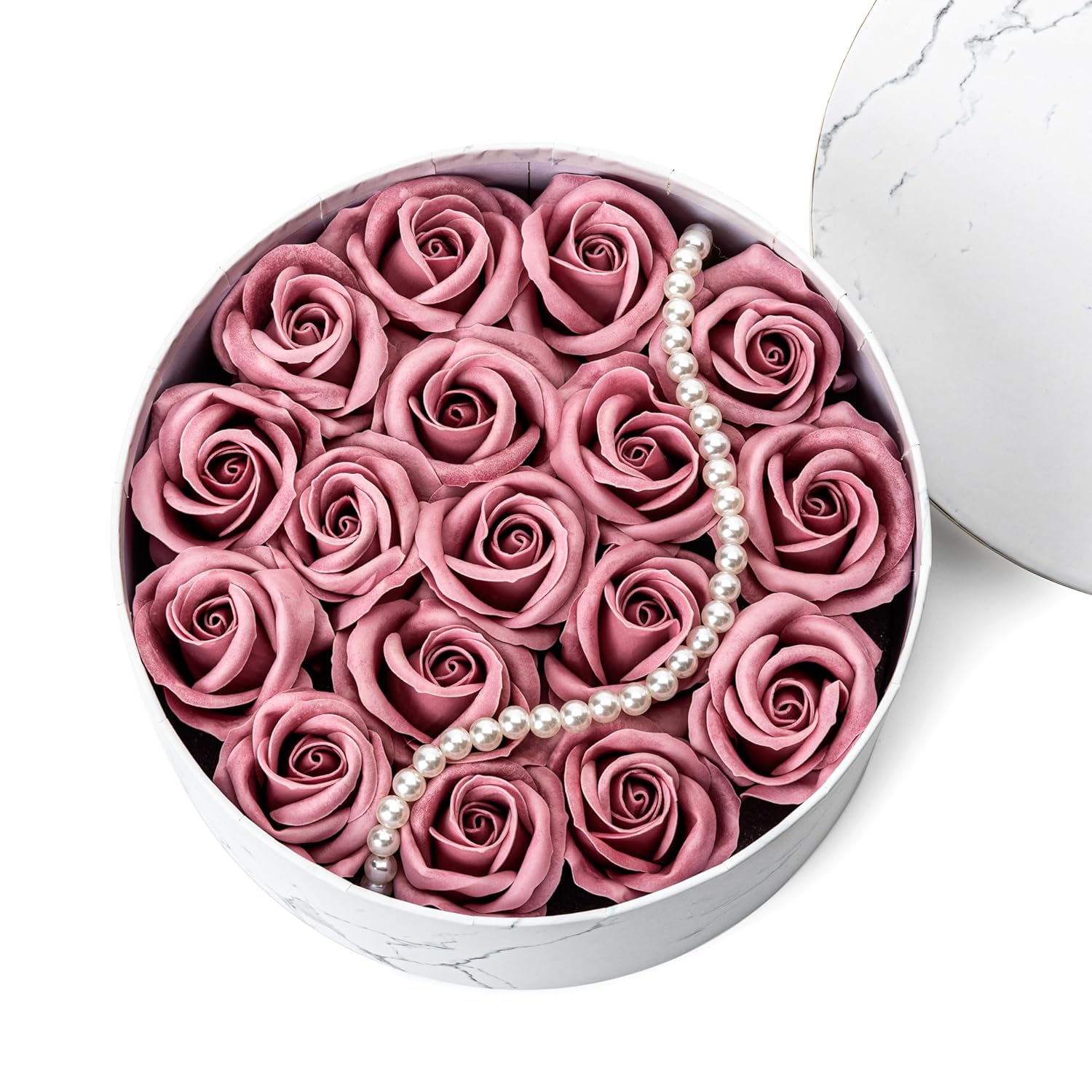 Luxury Beautiful Flora Scented Roses/Carnation Flower Bath Soap With Stem, Flower Soap in 7.87 inches Round Gift Box, Gift for Birthday/Valentine's Day/Mother's Day(White Pink)