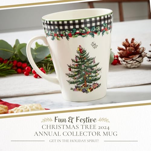 Spode Christmas Tree 2025 Annual Mandarin 14oz Mug, Porcelain Coffee or Tea Mug with Tartan Borders - Festive Holiday Drinkware - Dishwasher & Microwave Safe, Holiday Gift for House Party/Cozy Nights