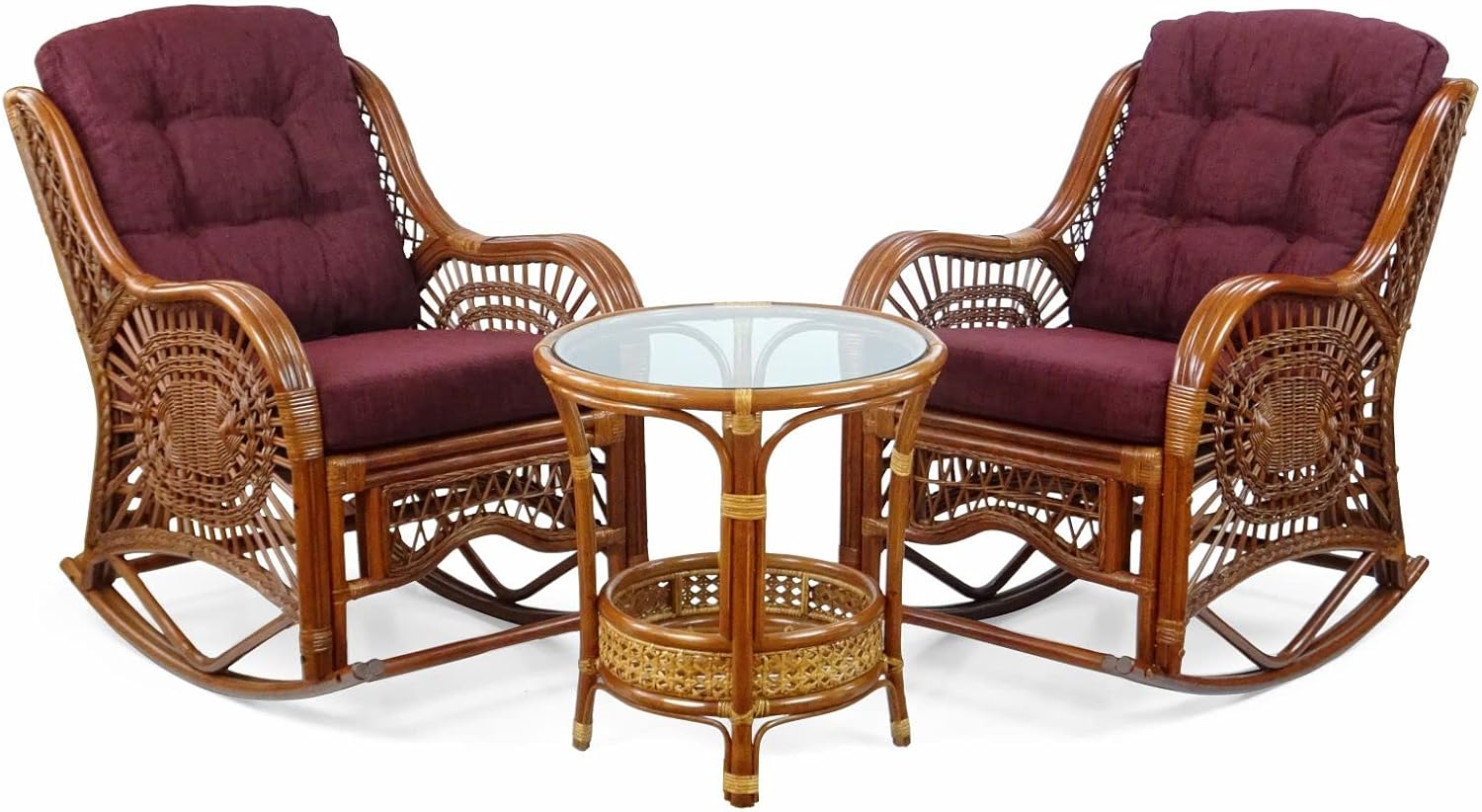 Wickerix Malibu Handmade Natural Rattan Living Room Set of 2 Rocking Lounge Chairs with Dark Brown Cushions and Round Coffee Table with Glass Colonial (Light Brown Color)
