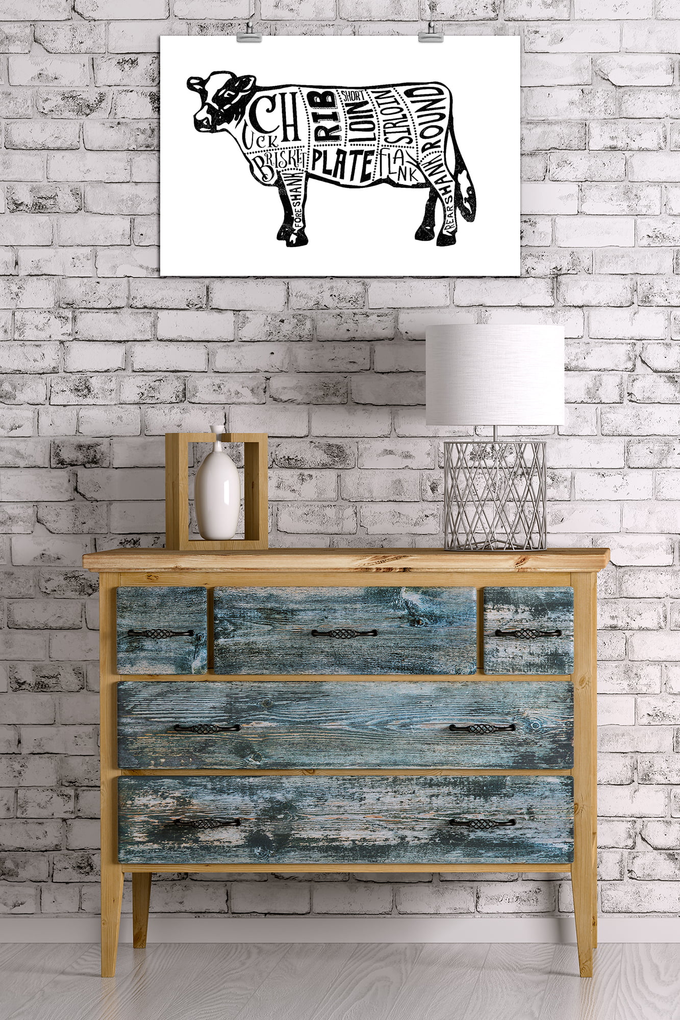 Beef, Butchers Block Meat Cuts, Black Cow on White