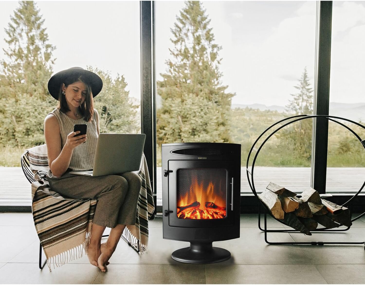 Hanover Fireside 1500W Black Steel Freestanding Electric Fireplace with Log Display and Realistic Flames, Modern Portable Fireplace Heater for Home Living, Basement and Office with Remote Control