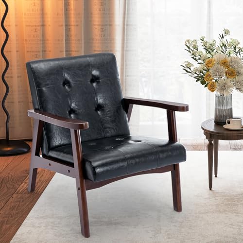 ANJ Mid Century Modern Accent Chair, Tufted Fabric Upholstery, Wood Frame, Beige