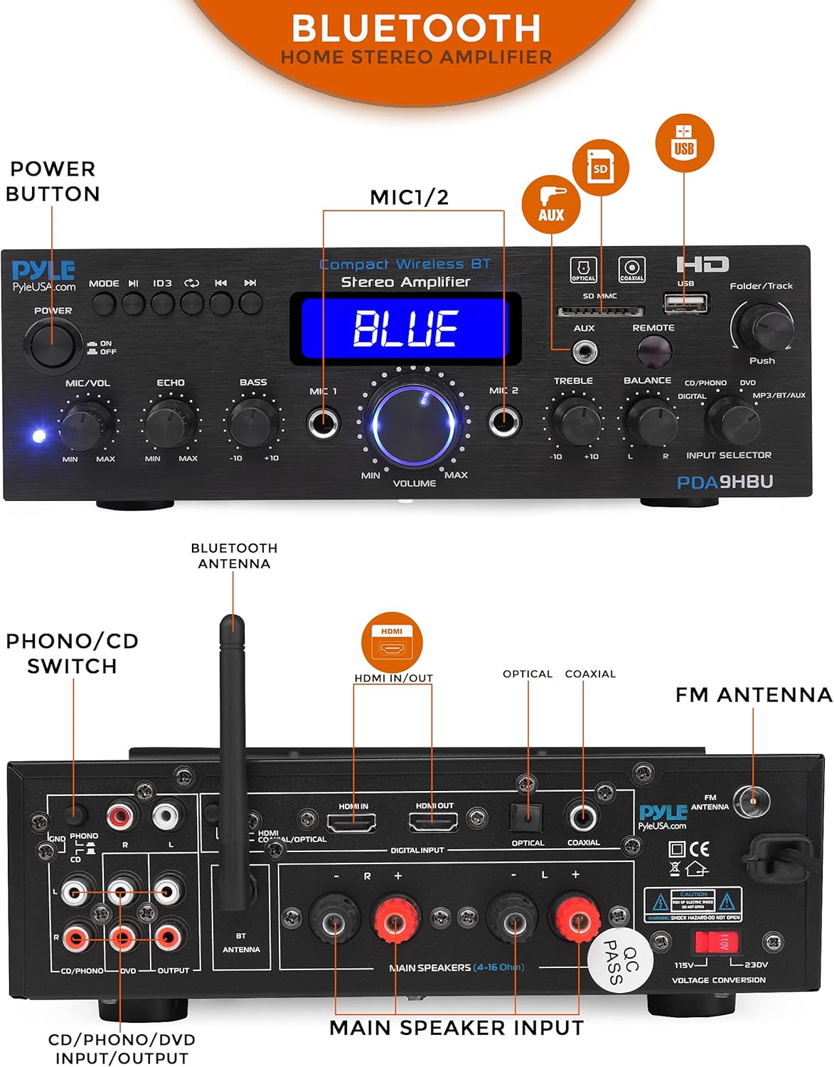 Wireless Bluetooth Home Stereo Amplifier - Multi-Channel 200 Watt Power Amplifier Home Audio Receiver System w/HDMI, Optical/Phono/Coaxial, FM Radio, USB/SD, AUX, RCA, Mic - Remote - Pyle PDA9HBU.5