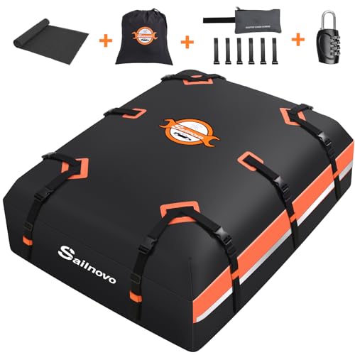 Sailnovo Car Rooftop Cargo Carrier 21 Cubic Feet, Waterproof 1000D PVC Car Roof Bag with Anti-Slip Mat, Combination Lock, Storage Bag, Door Hooks & Tie-Down Strap fit Vehicle with/Without Luggage Rack