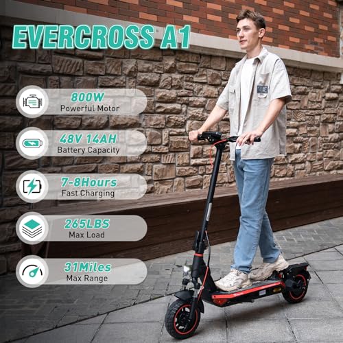 EVERCROSS A1 Electric Scooter for Adults - 800W Portable Commuting Scooter with Double Braking System, Dual Suspension and 10'' Honeycomb Solid Tires, Up to 31 Miles Long Range & 28 Mph…
