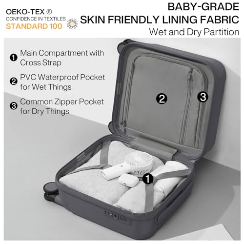 mixi Upgrade Carry on Luggage 14 Inch Underseat Personal Item Suitcases with Spinner Wheels, Hardside Rolling Suitcase PC with TSA Lock Lightweight Travel Case, Fine Grid Black