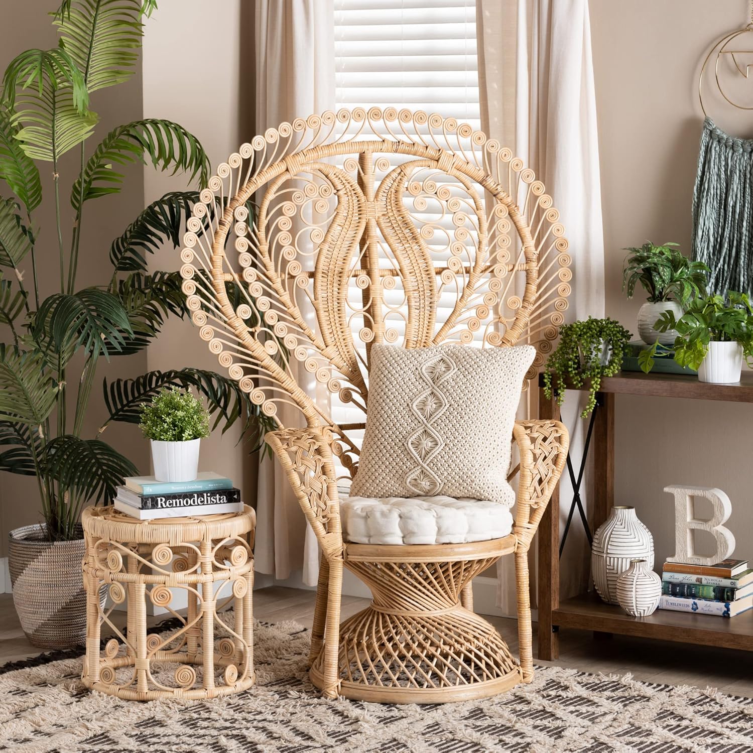 Baxton Studio Fedra Natural Rattan Peacock Chair, Oversized