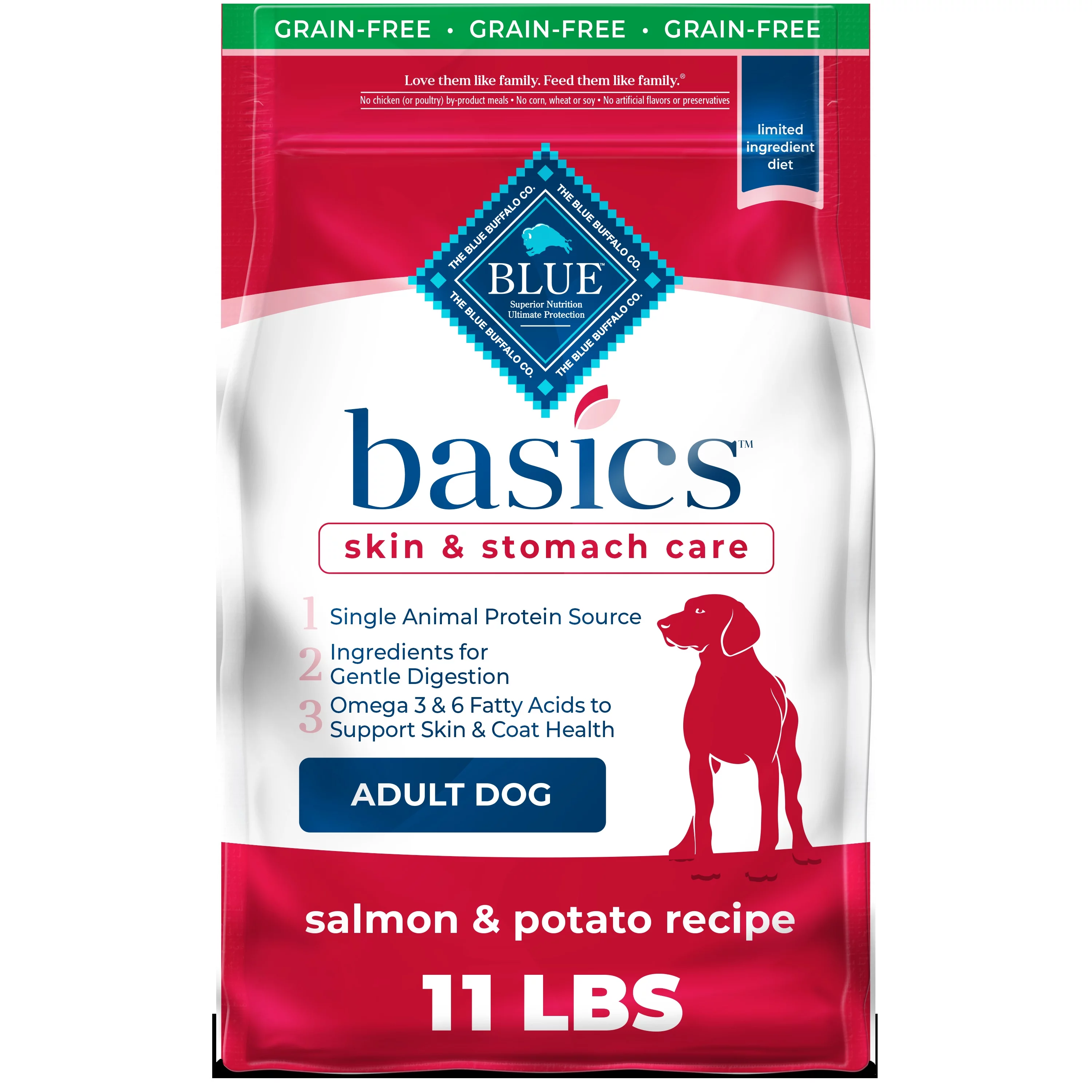 Blue Buffalo Basics Skin & Stomach Care Salmon and Potato Dry Dog Food for Adult Dogs, Grain-Free, 11 lb. Bag
