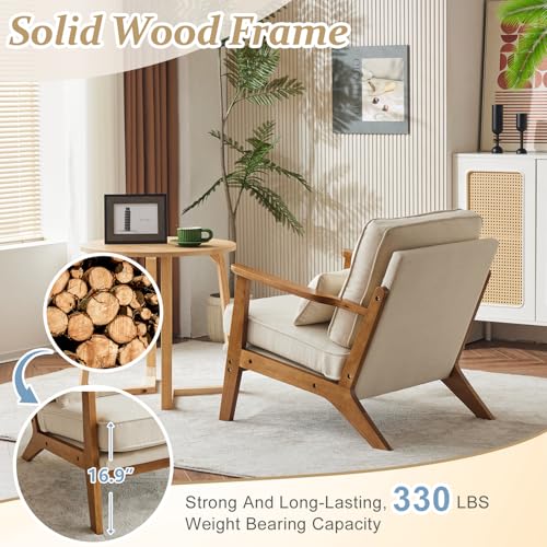 VINGLI Solid Wood Wide Armrests Accent Chair,Upholstered Mid Century Modern Chair with Pillow,Comfy Reading Chair Farmhouse Arm Chair,Chairs Living Room,Bedroom,Guest Room,Linen Fabric,Beige