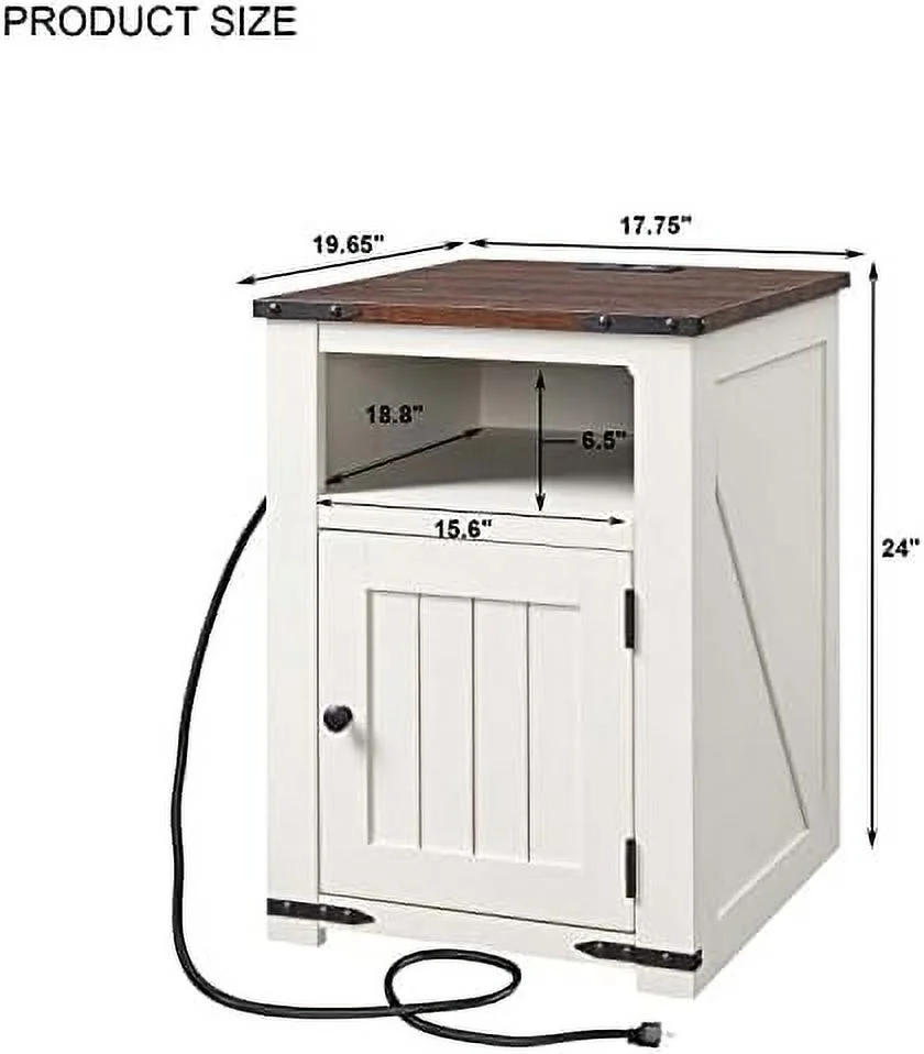 TJUNBOLIFE Nightstand with Charging Station  20" Farmhouse End Table w/Groove Barn Door  Rustic Wood Sofa Side Bedside Table w/Open & Adjustable Shlef for Bedroom  Living Room  Da