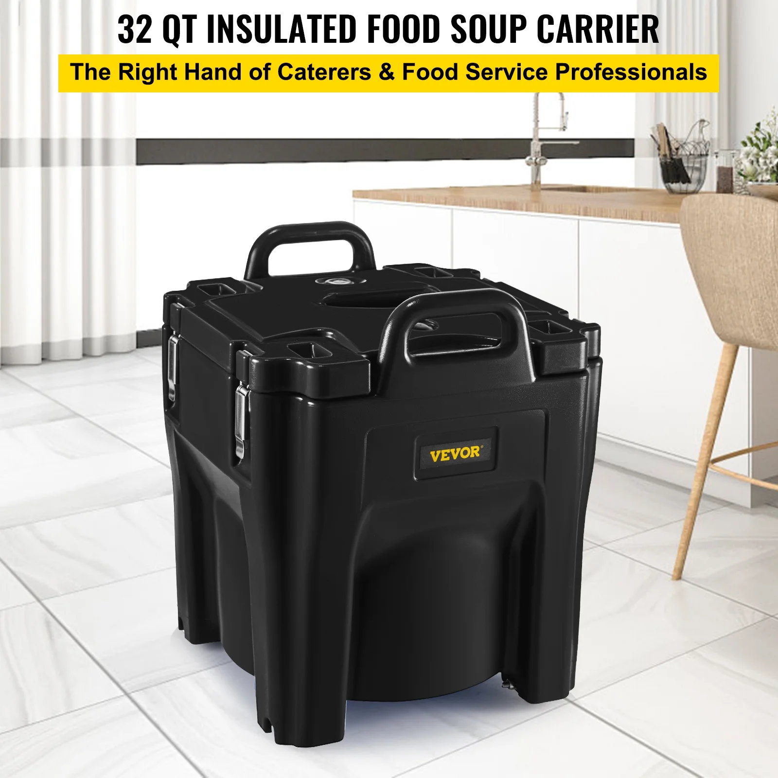 VEVOR Insulated Food Carrier,32Qt Capacity,Stackable Catering Hot Box with Stainless Steel Barrel,Top Load LLDPE Food Warmer with Integral Handles Buckles Stationary Base,for Restaurant Canteen, Black