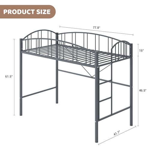 GarveeHome Loft Bed Twin Size, Heavy Duty Metal Loft Bed Frame with Arched Guardrail and Safety Ladder, Space-Saving, No Box Spring Needed, Matte Gray