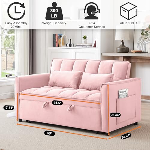 3 in 1 Convertible Sleeper Sofa Bed, Futon Couches for Living Room with Side Pocket | Adjustable Backrest | Velvet Fabric | Pull Out Couch | Loveseat | Sectional Sofa Bed, Black