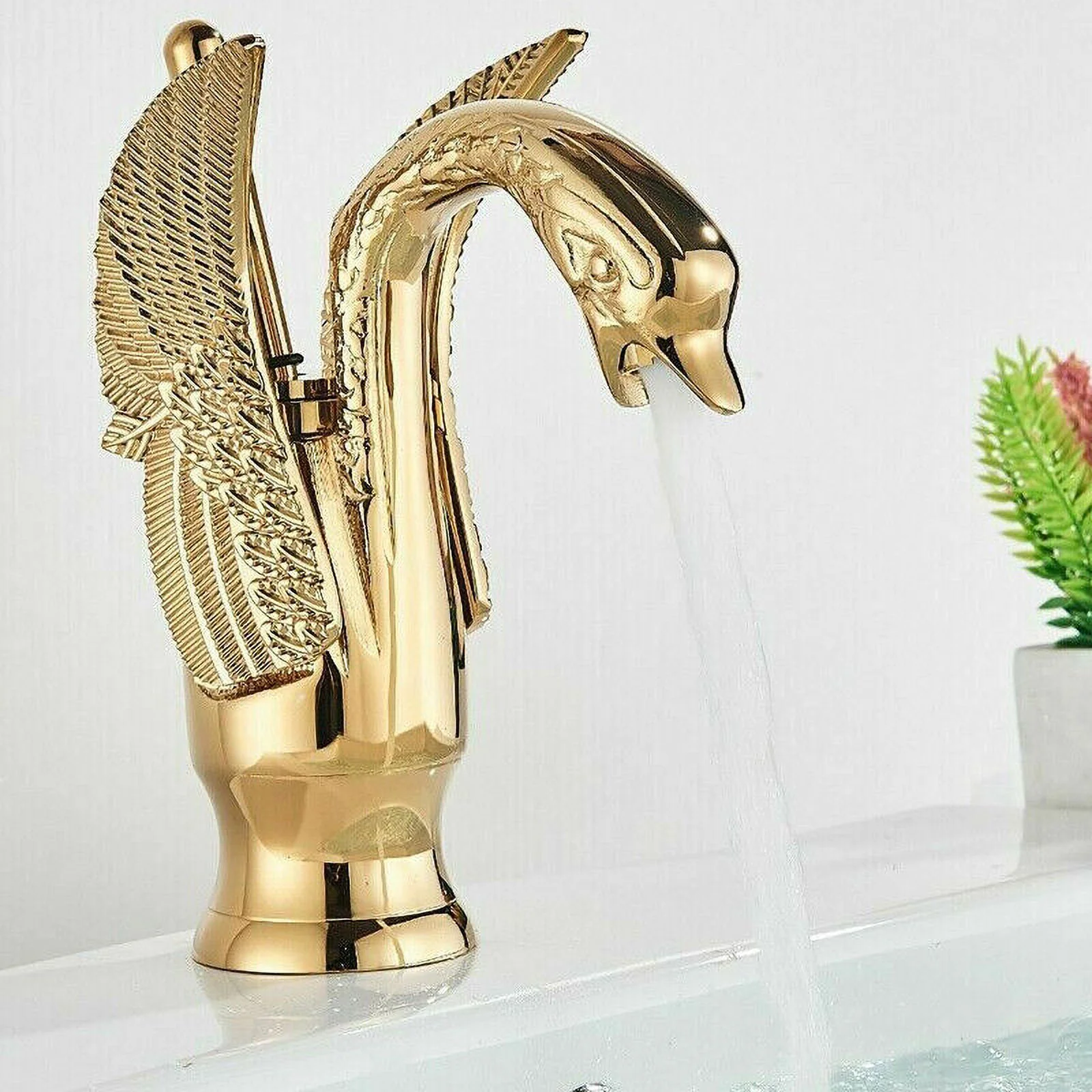 LIFFSSDG Swan Faucet Bathroom Sink Faucet Polished Gold Swan Shaped Single Handle One Hole Lavatory Basin Tap Mixer Deck Mount Bird Faucet