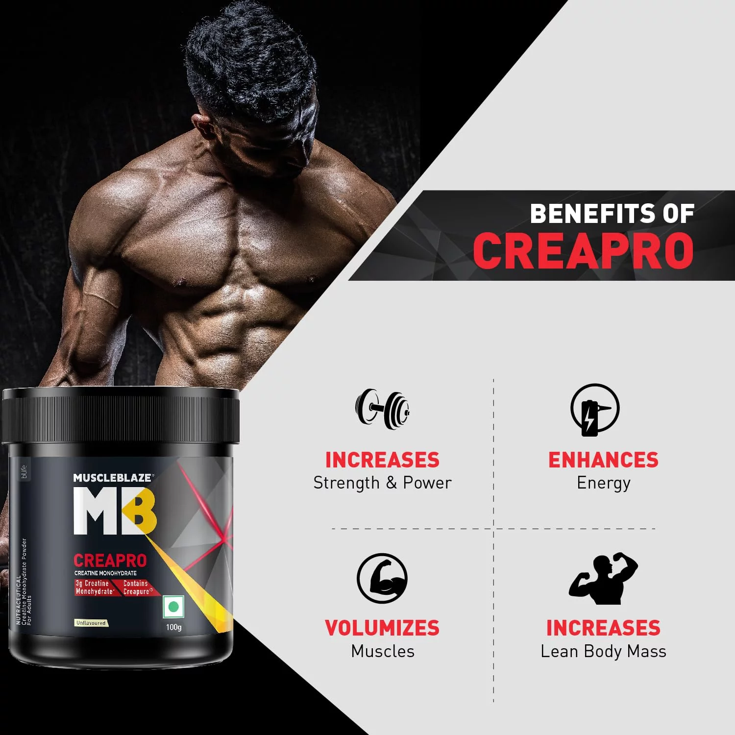 MuscleBlaze CreaPRO Creatine with Creapure® Powder from Germany, Pack of 100 gms, Unflavoured