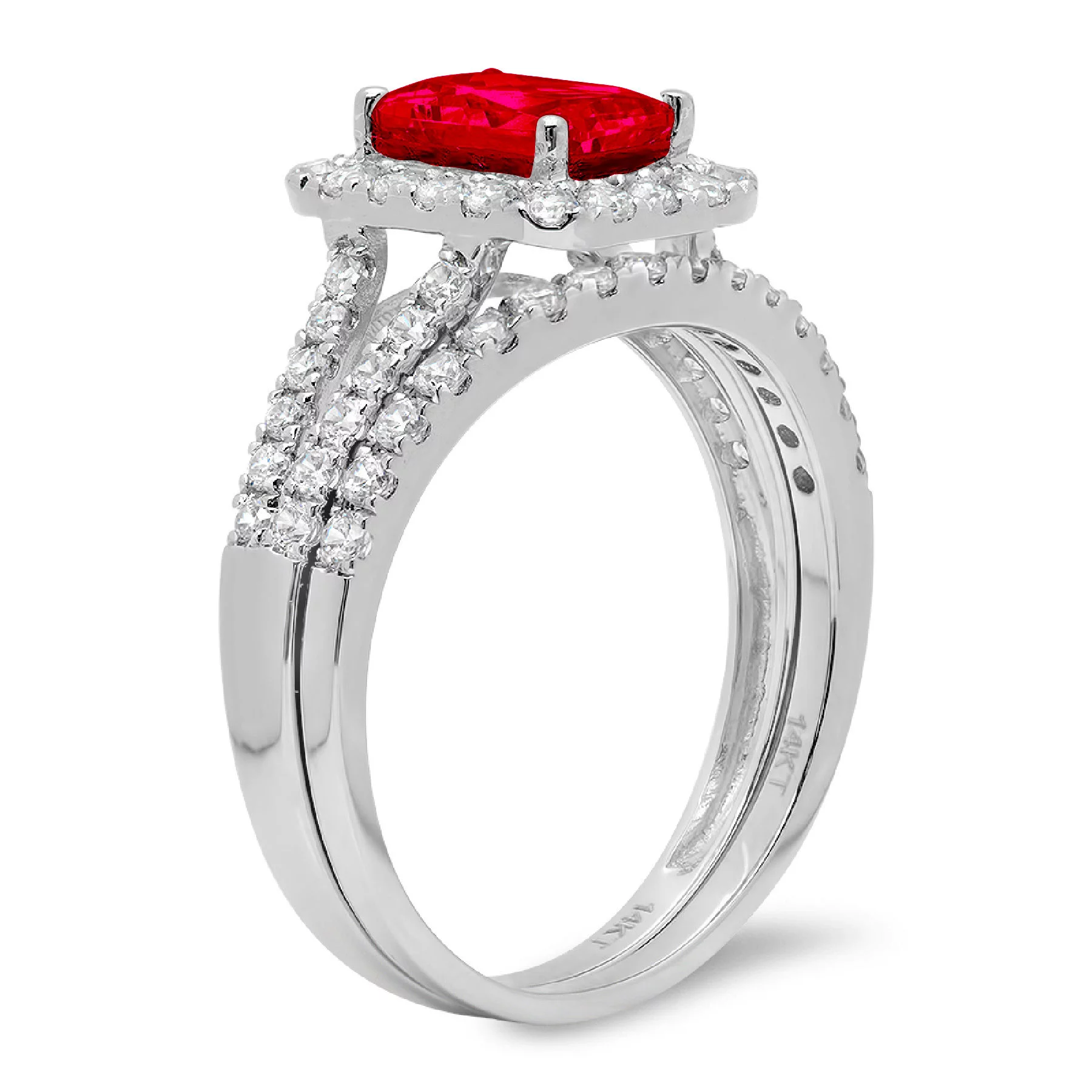 1.57ct Brilliant Emerald Cut Simulated Ruby 14k White Gold Halo Solitaire with Accents Bridal Set SZ 6