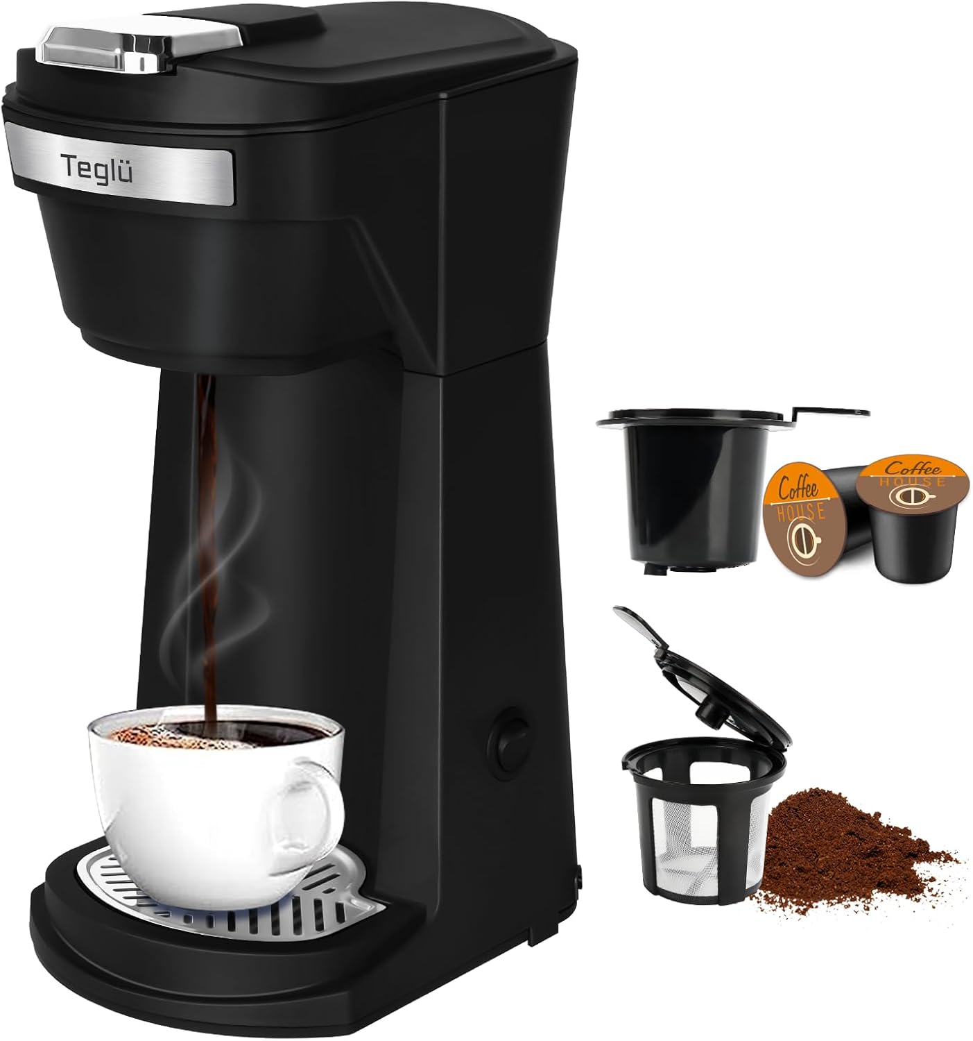 2 in 1 Single Serve Coffee Maker for K Cup Pods & Ground Coffee, Mini Coffee Machine with 6 to 14 oz Brew Sizes, Single Cup Coffee Brewer with One-Press Fast Brewing, Reusable Filters, Black