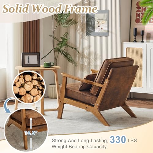 VINGLI Solid Wood Wide Armrests Accent Chair,Upholstered Mid Century Modern Chair with Pillow,Comfy Reading Chair Farmhouse Arm Chair,Chairs Living Room,Bedroom,Guest Room,Linen Fabric,Beige