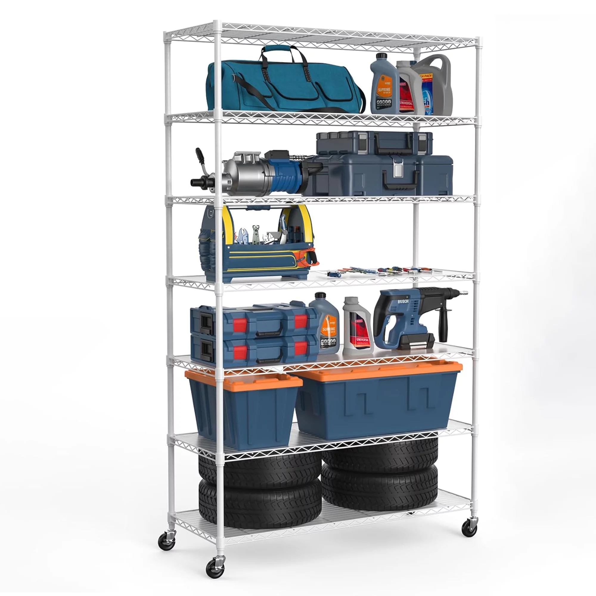 Ufurpie 7-Tier 2450lbs Large Metal Shelving Unit with Wheels,NSF Heavy Duty Adjustable Storage Rack,for Closet Kitchen Garage Basement,White