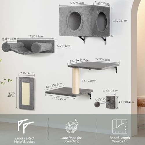 5-in-1 Cat Wall Shelves, Stable & Safe Wall Mounted Cat Furniture Set, Cats Wall Bed, Door Hanging Cat Shelf, Cats Shelves for Wall, with House, Steps, Scratcher, Hammock, Shelves (B-KM061)