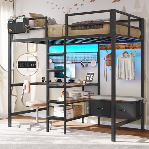 DICTAC Twin Loft Bed with L-Shaped Desk,Storage Shelves and Charging Station Metal Loft Bed Twin Size with LED Lights,Coat Rack with Drawers and Stair,Top Bunk with Safety Guardrail for Teen,Black