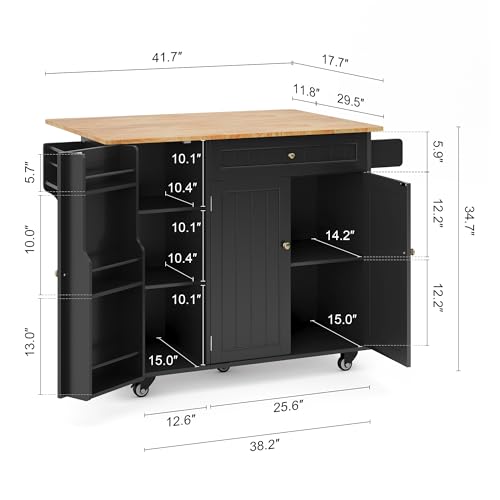 Ahomly Kitchen Island with Storage, Island Table for Kitchen with Drop Leaf, 5 Wheels, Interal Storage Rack, a Drawer, Spicy Rack and Towel Bar, Sufficient Countertop Space and Storage, White