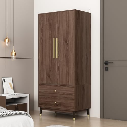 Homsee Wardrobe Armoire with 2 Doors, 2 Drawers, Hanging Rod & 2 Compartments, Wooden Closet Storage Cabinet with Gold Handles for Bedroom, Brown (31.5”L x 19.1”W x 71.1”H)