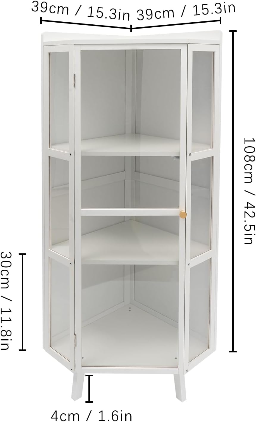 Tall Corner Storage Cabinet Modern Freestanding Corner Shelves Farmhouse 3-Tier Corner Bookshelf Stand Storage Rack with Clear Door Home Space Saver for Living Room Kitchen Bedroom Office, White