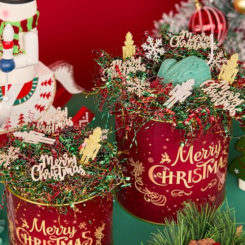 PAPER FAIR 1LB Metallic Red Green Christmas Crinkle Cut Paper Shred Filler w/Tree & Snowflake Confetti, Gift Wrap Packaging Raffia Tissue Strand, Craft Bedding Cushion, Winter Birthday Box Basket