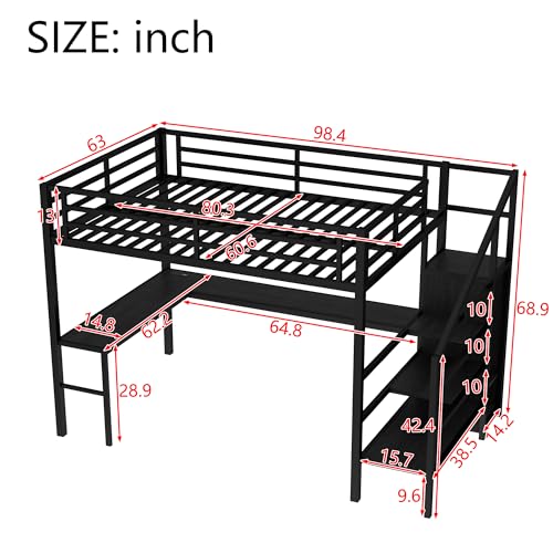 SOFTSEA Queen Size Loft Bed with L-Shaped Desk, Wardrobe, Metal Loft Bed with LED Lights and USB Ports, Space Saving Bed Frame with Storage Stairs, Noise Free, Black