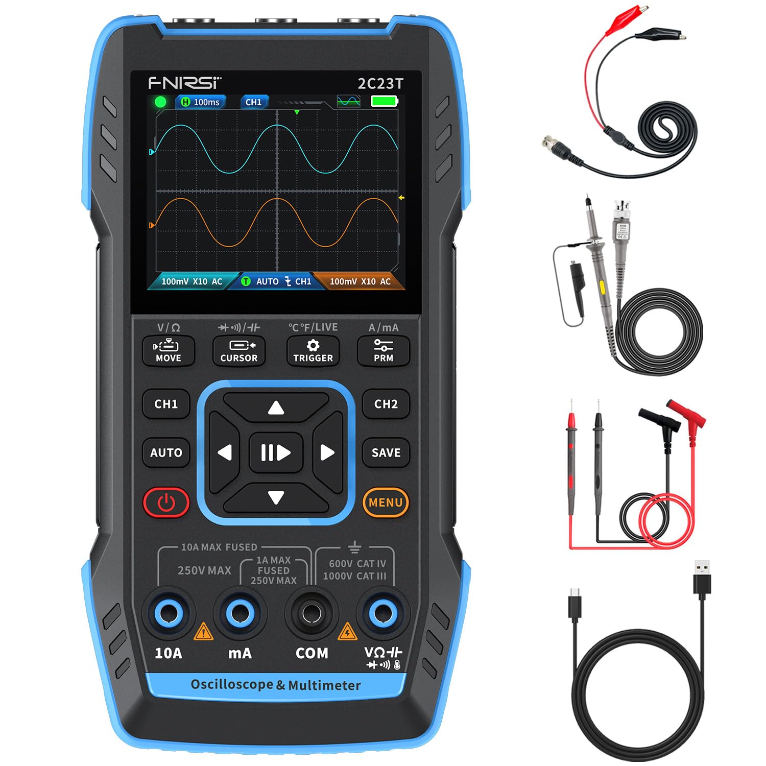 FNIRSI 2C23T 3 in 1 Handheld Oscilloscope Multimeter DDS Generator, 2 Channels, 10MHz Bandwidth, 50MSa/s Sampling Rate, 10000 Counts, Voltage, Current, Capacitor, Resistor, Diode Test