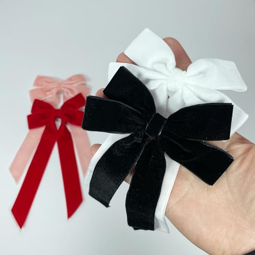Jseng 4PCS Velvet Hair Bow for Women, Velvet Bow Hair Clips, White Pink Red Black Ribbon Bows for Hair Metal Clips