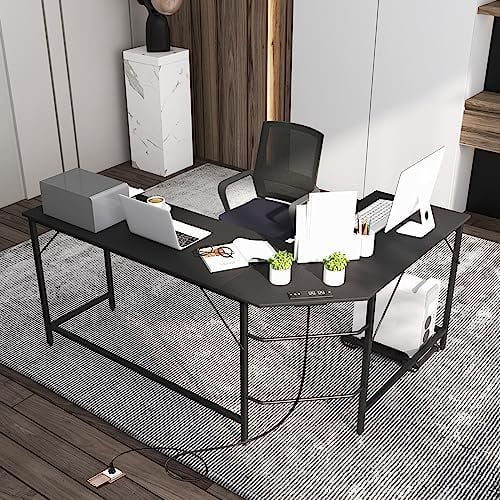 KHBIULIFE L-Shaped Office Desk with CPU Stand  L Shaped Corner Desk with Power Outlets  USB Ports  Sturdy Metal Frame  Space-Saving Computer Desk for Home  Office  Gaming Desk  Computer W