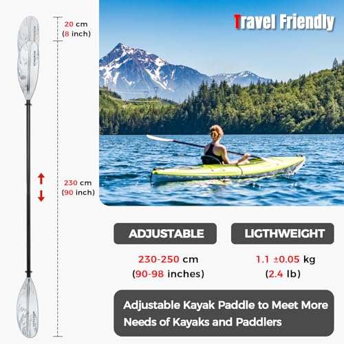 Kayak Paddles with Alloy Shaft and PP Blade, Floating Kayaking Oars, Adjustable 230-250 cm/90-98 Inches, 210-230 cm/82-90 Inches