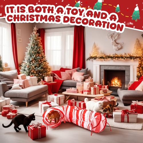 Aliceset Christmas Cat Tunnel Red Candy Cane Cat Toys Christmas Tree Kitty Tunnel Pet Xmas Interactive Safety Spring Steel Frame