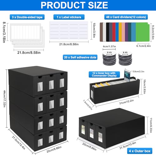 12000+ Trading Card Storage Box for Commander Display, Card Deck Box Cardboard with 48 Dividers, Labels & Tapes, Trading Card Collection Box Fit for TCG, PTCG, MTG and Sport Cards