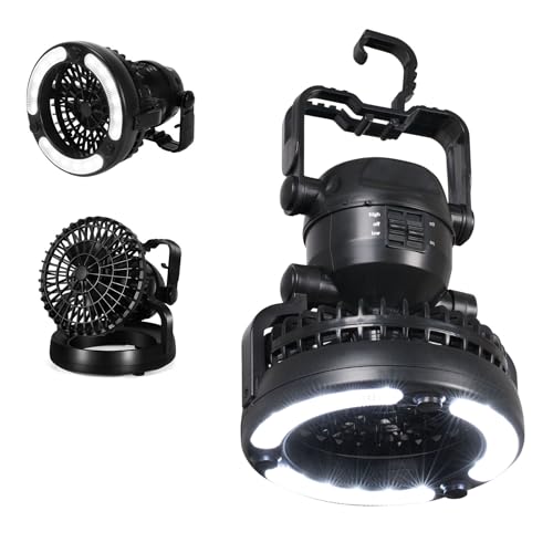 Portable Camping Light with Ceiling Fan, Tent LED Light Fan with Hanging Hook, Camping Lantern Fan for Hiking Hurricane Emergency