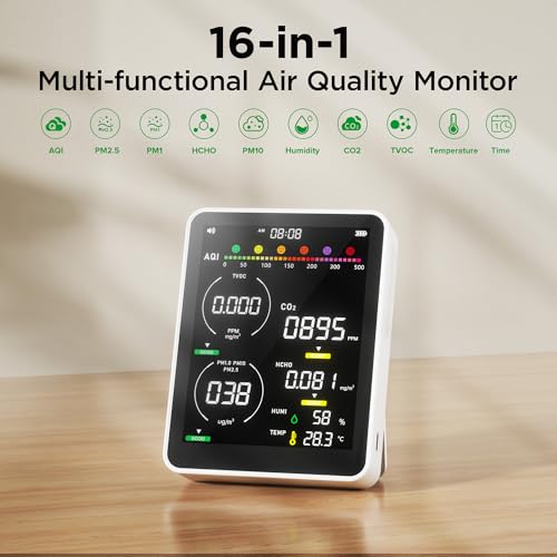 16-in-1 Air Quality Monitor Indoor, PM1.0 |PM2.5 |PM10 |TVOC |Humidity |Temperature |Time with Formaldehyde Detector, CO2 Monitor, Portable Air Quality Tester for Home (Ice White)