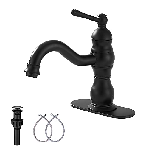 GGStudy 360° Swivel Antique Brass Bathroom Vessel Sink Faucet Single Handle One Hole Matching with Pop Up Drain