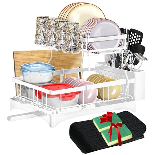 White 2-Tier Dish Drying Rack with Drainboard - Metal Iron Rust Resistant Dish Rack - Large Capacity Utensil Holders and Cutting Board Rack - Perfect for Dish Holder, Kitchen Decor