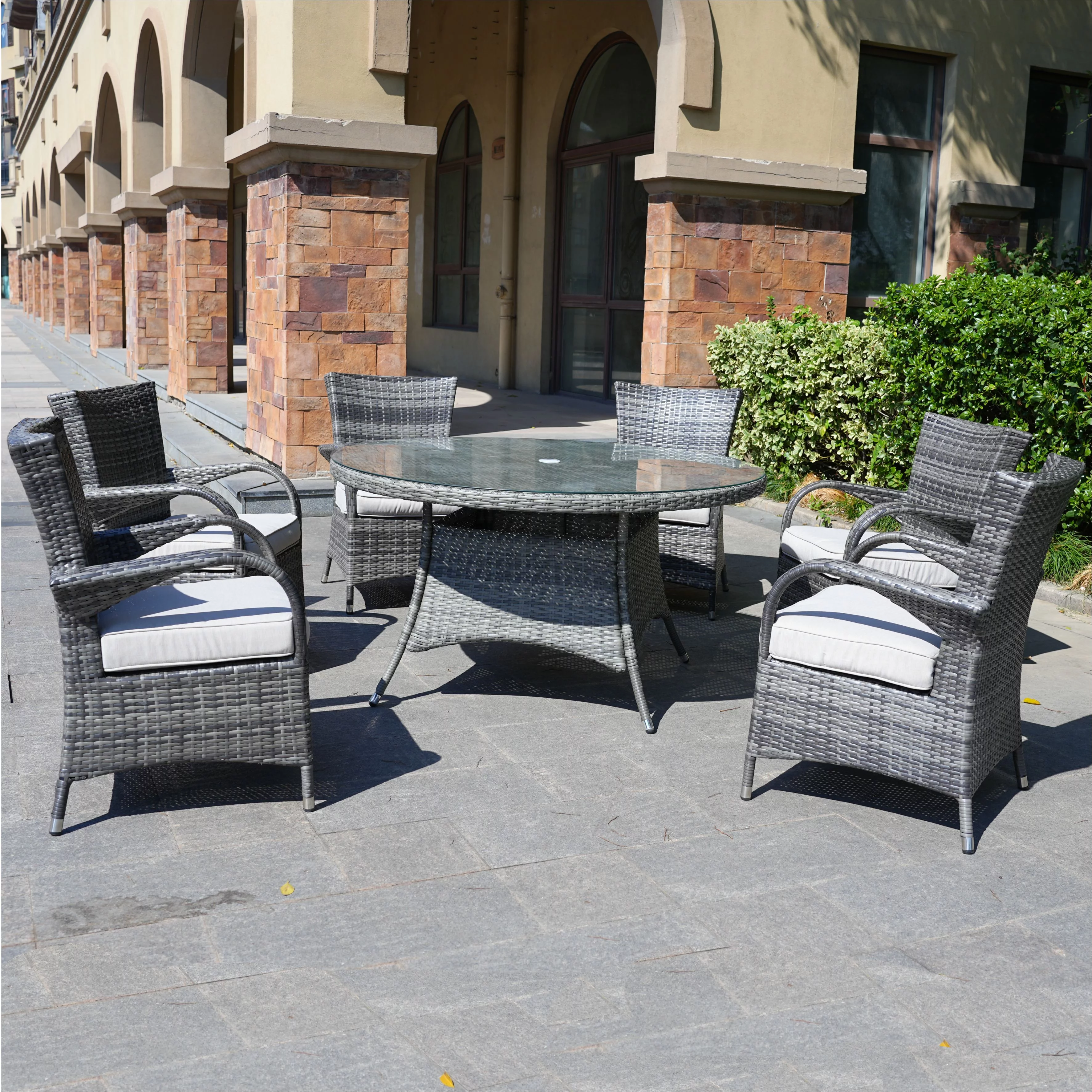 Direct Wicker 7 Piece Patio Dining Set with Rattan Chairs and Cushions, Grey