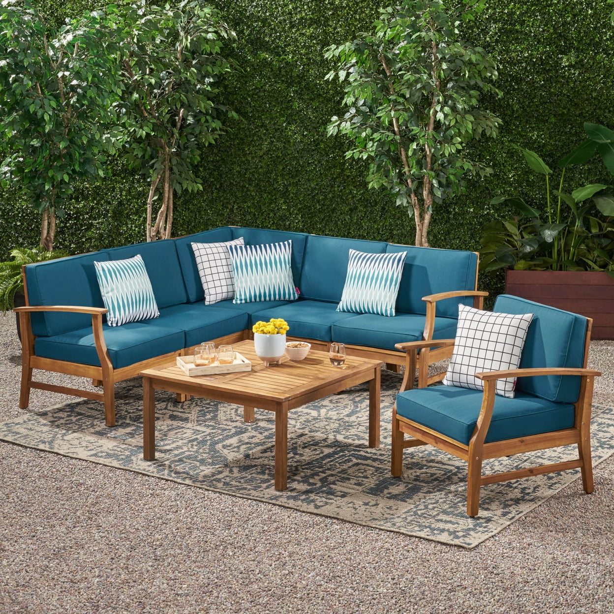 Capri Outdoor 7 Piece Teak Finished Acacia Wood Sofa Set
