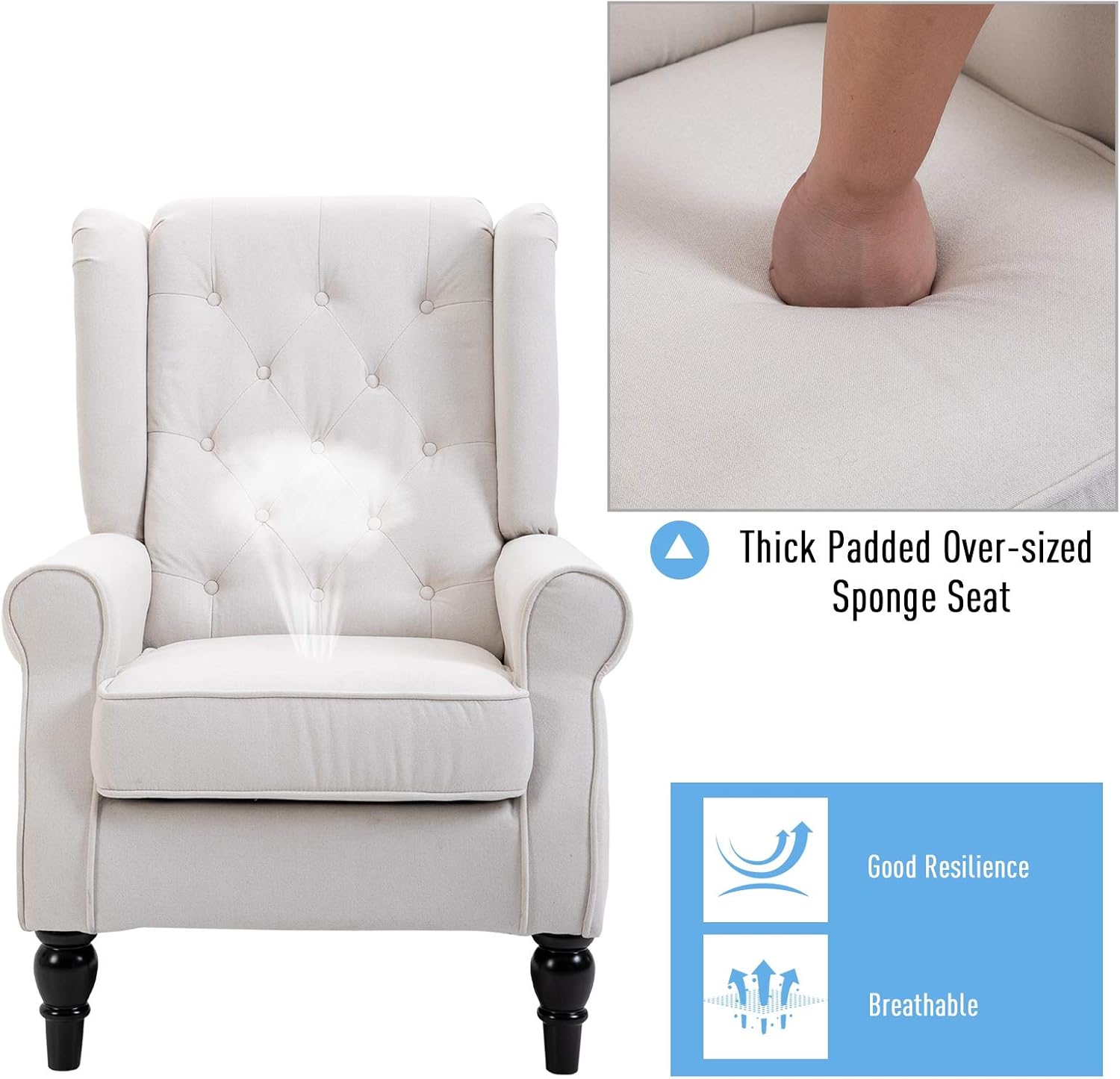 HOMCOM Button-Tufted Accent Chair with High Wingback, Rounded Cushioned Armrests and Thick Padded Seat, Set of 2, Cream White